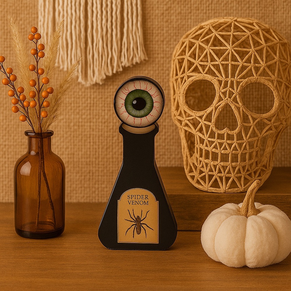 548. 🐣 Halloween Spider Venom Bottle Wooden Sign – Spooky Green Eye – New